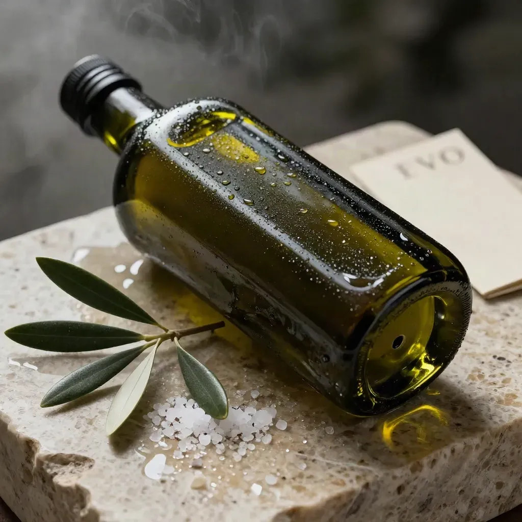 Bottiglia di olio toscano su travertino bagnato con ulivo e sale grosso, in luce radente.