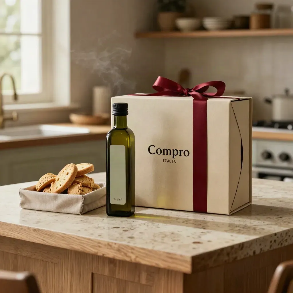 Box regalo con olio, pasta e biscotti italiani su piano in travertino, luce morbida.