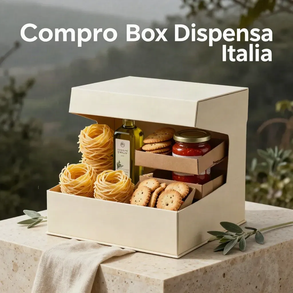 Scatola dispensa italiana con pasta, olio, sugo e biscotti su fondo chiaro, luce morbida.