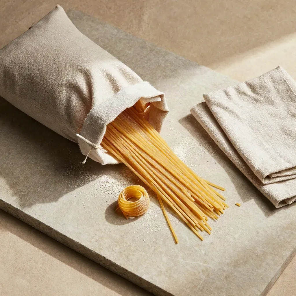 Sacco neutro di pasta con nidi, semola e panno di lino su pietra chiara, vista dall’alto
