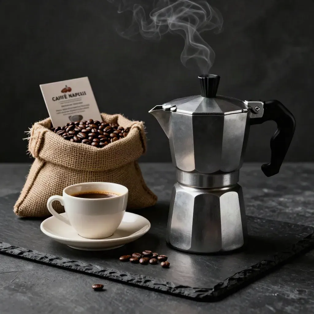 Moka, sacchetto di chicchi tostati e tazzina su ardesia scura, con vapore leggero.