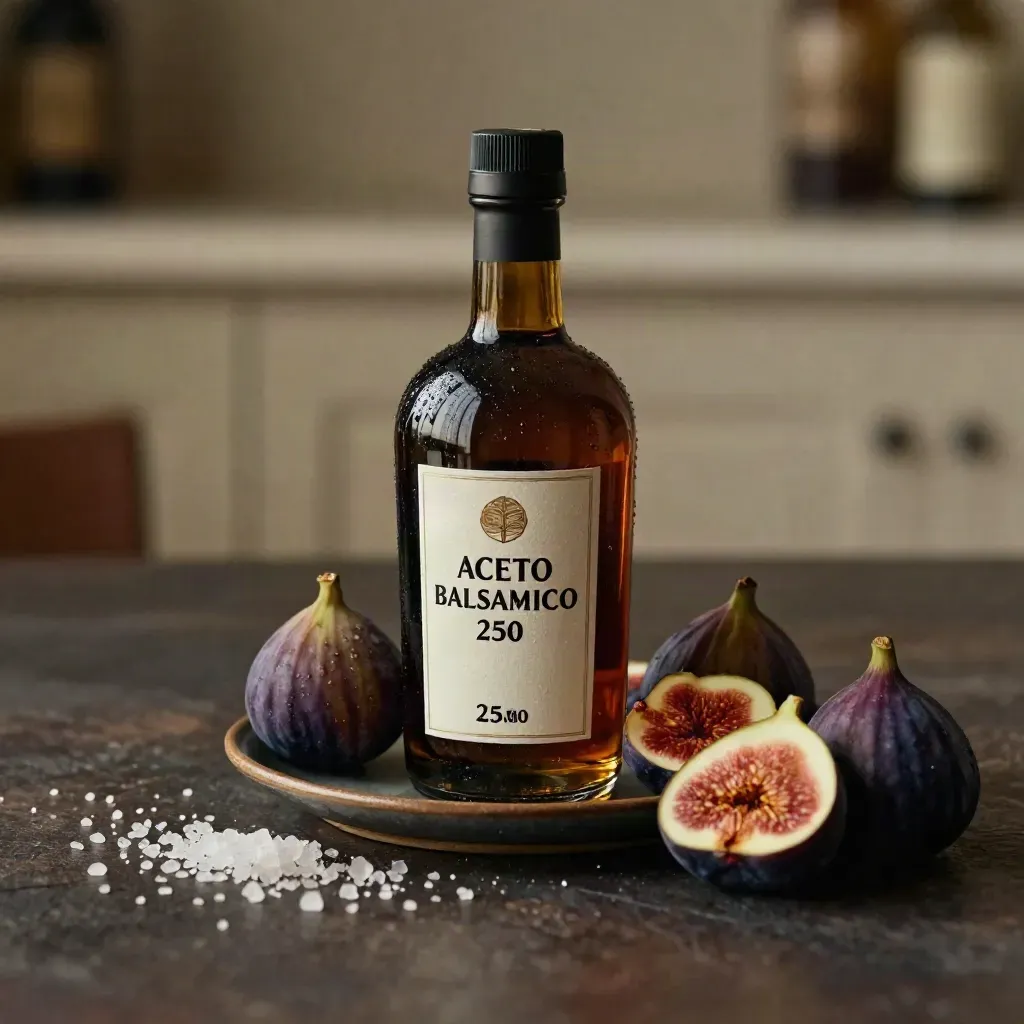 Bottiglia di aceto balsamico con fichi, sale e piattino su tavola scura