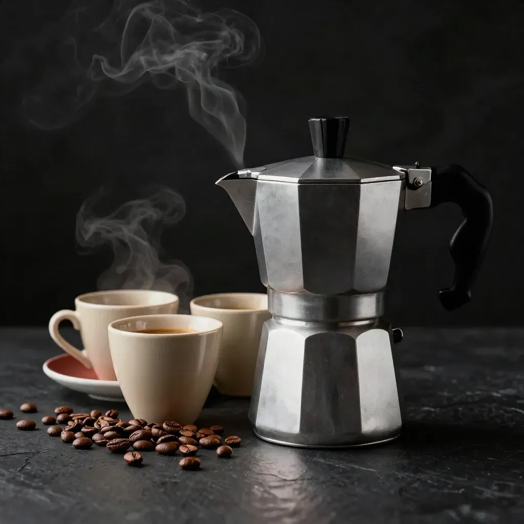 Moka in alluminio, due tazzine, chicchi tostati e vapore su fondo nero.