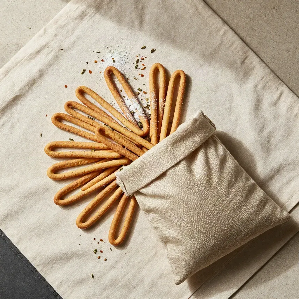 Sacco di taralli pugliesi con taralli a raggiera, sale grosso e lino avorio
