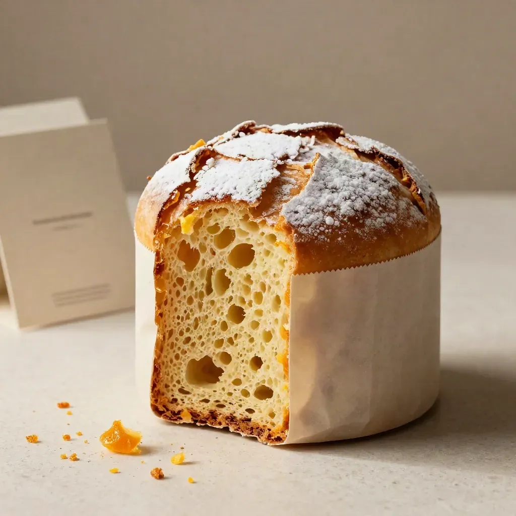 Panettone classico in carta neutra con briciole e zucchero a velo su travertino chiaro