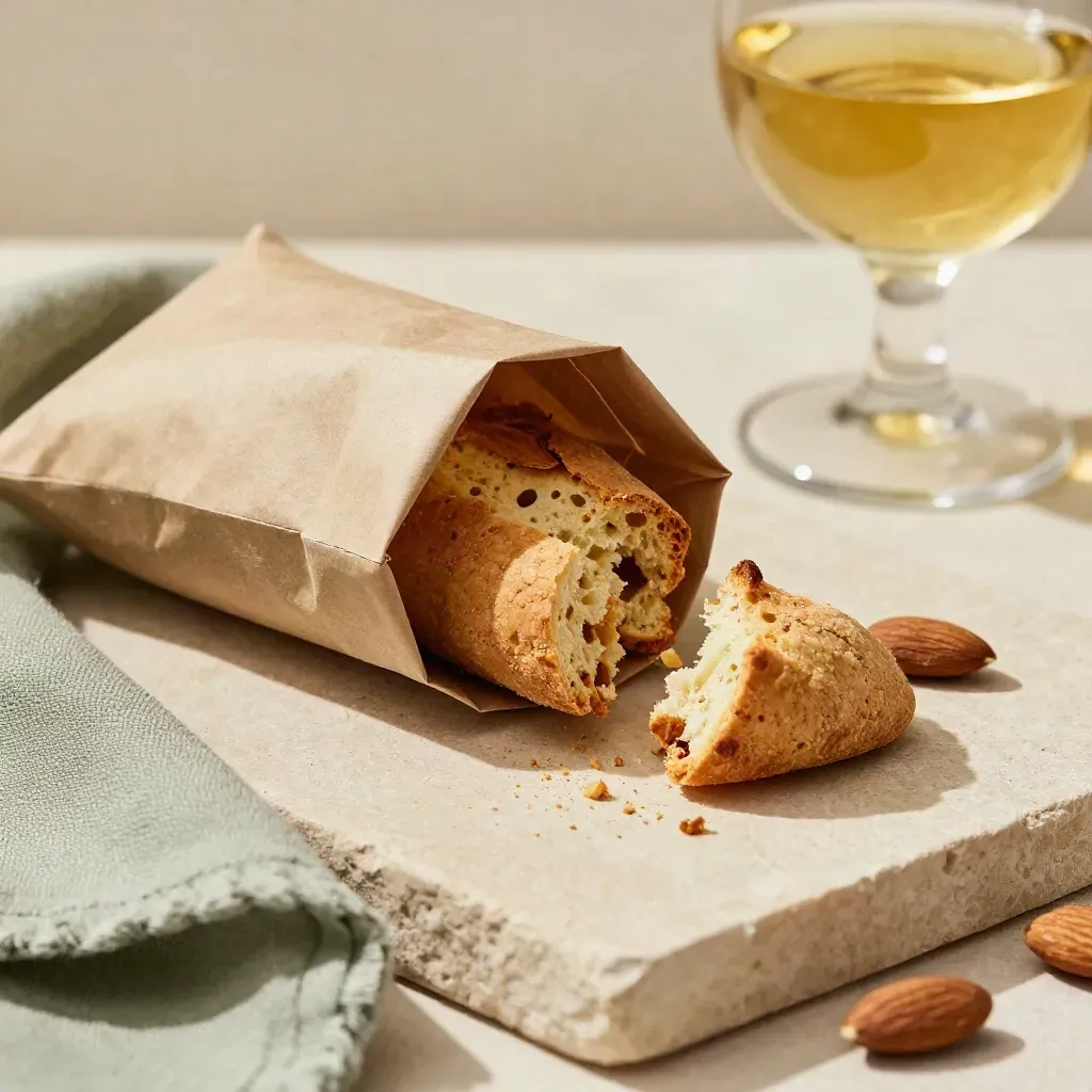 Cantucci alle mandorle con mandorle tostate e bicchiere di vin santo su pietra khaki