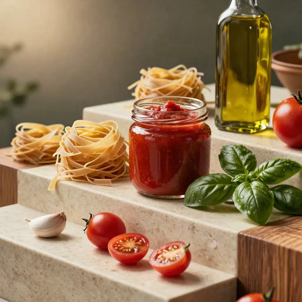 Set dispensa con pasta, sugo, olio e basilico su piani sfalsati, luce calda e sfondo scuro.