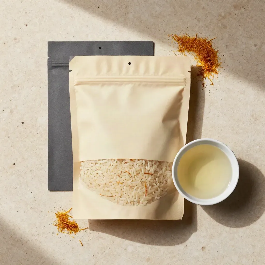 Sacchetto neutro di risotto allo zafferano con riso, pistilli e brodo chiaro su travertino pallido.