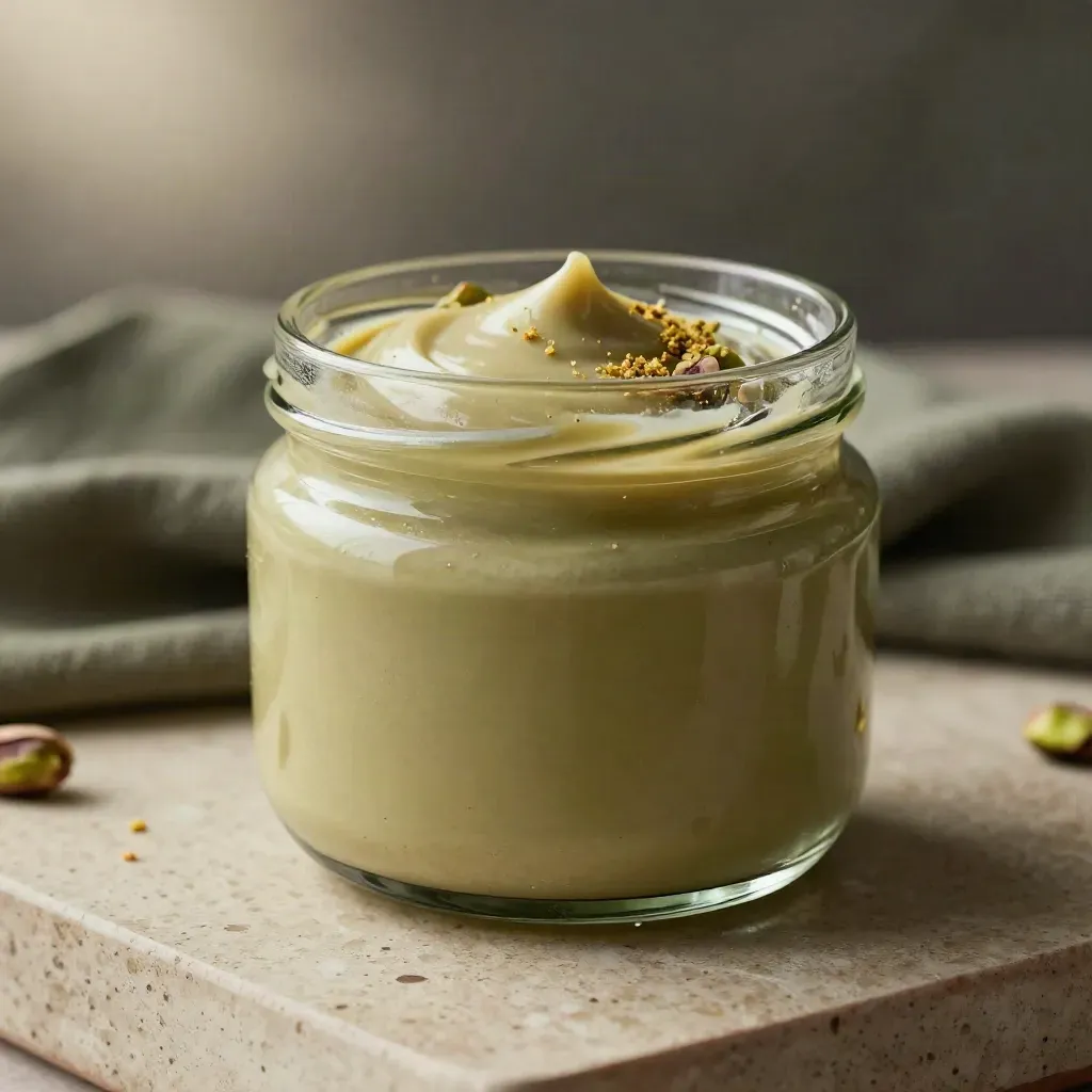 Vaso di crema di pistacchio in vetro, cucchiaiata morbida e pistacchi su travertino