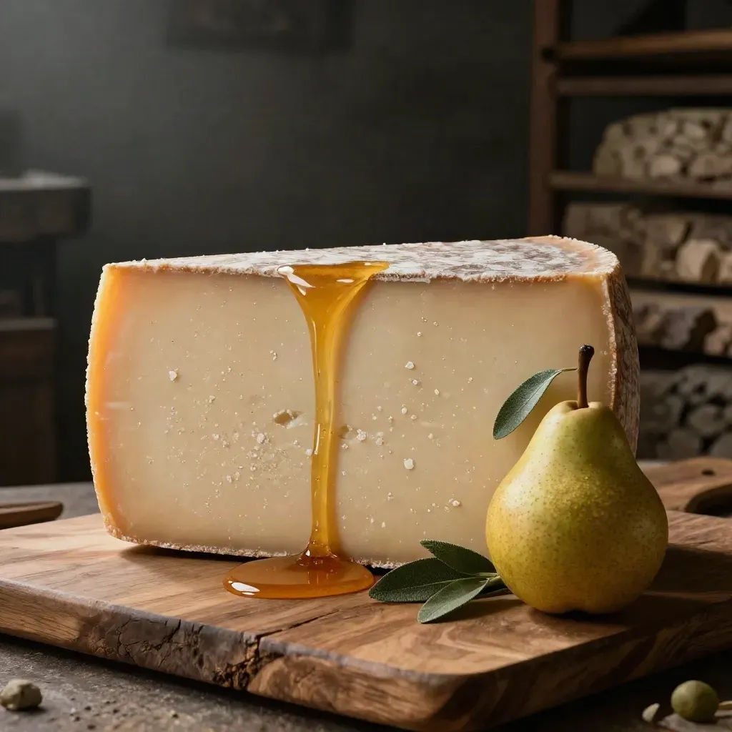 Forma di pecorino stagionato con cuneo tagliato, miele e pera su legno scuro.