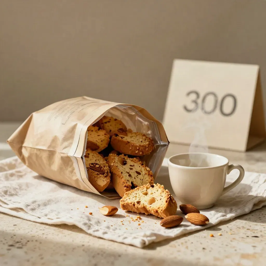Sacco di biscotti alle mandorle con tazza, mandorle tostate e briciole su lino chiaro.