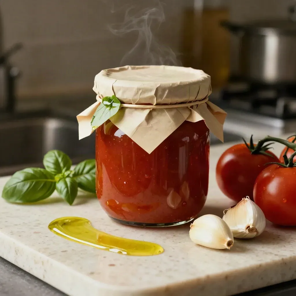 Barattolo di sugo al basilico con pomodori, aglio e basilico su pietra chiara, luce morbida.