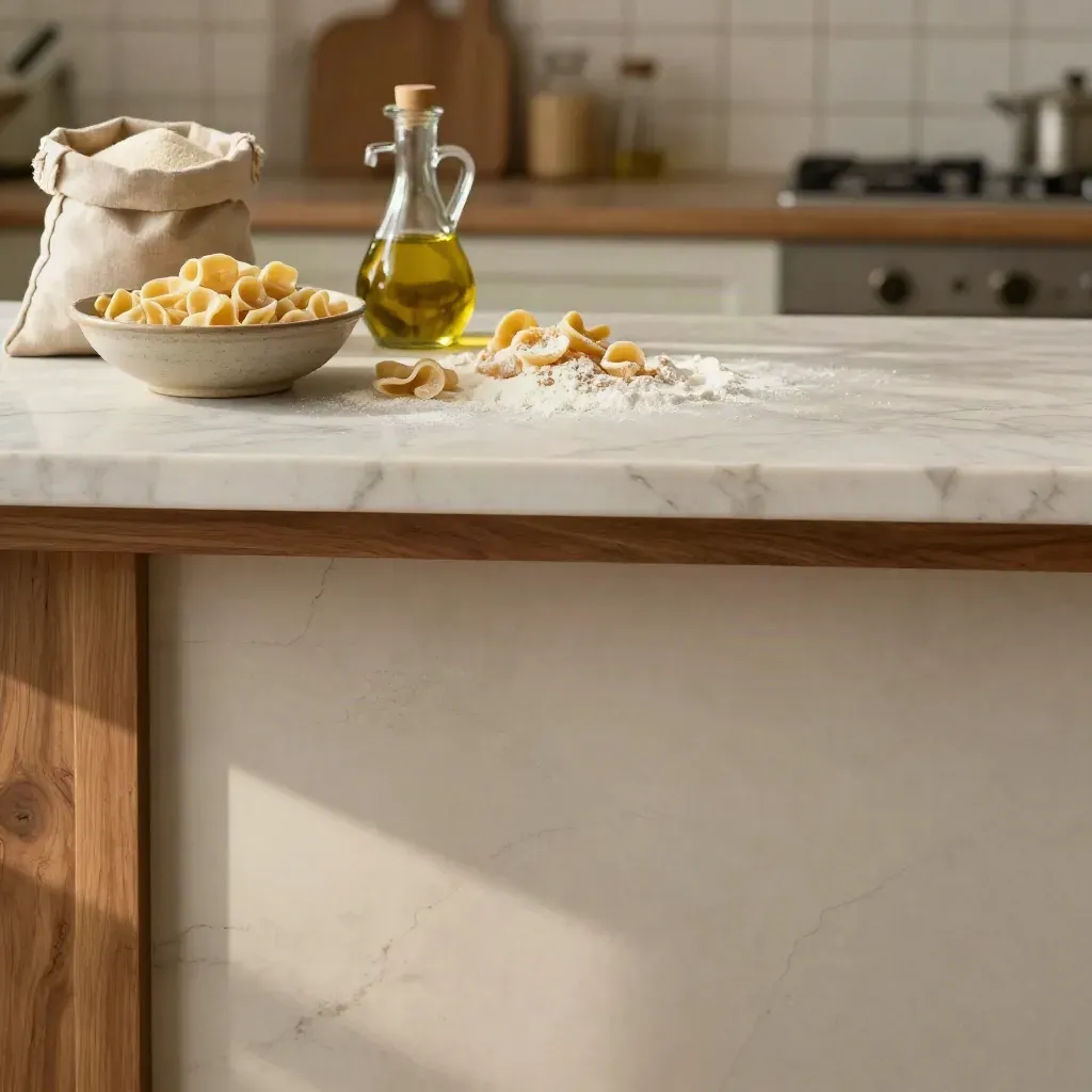 Superficie di marmo chiaro con cucina mediterranea sfocata e dettagli di pasta in alto