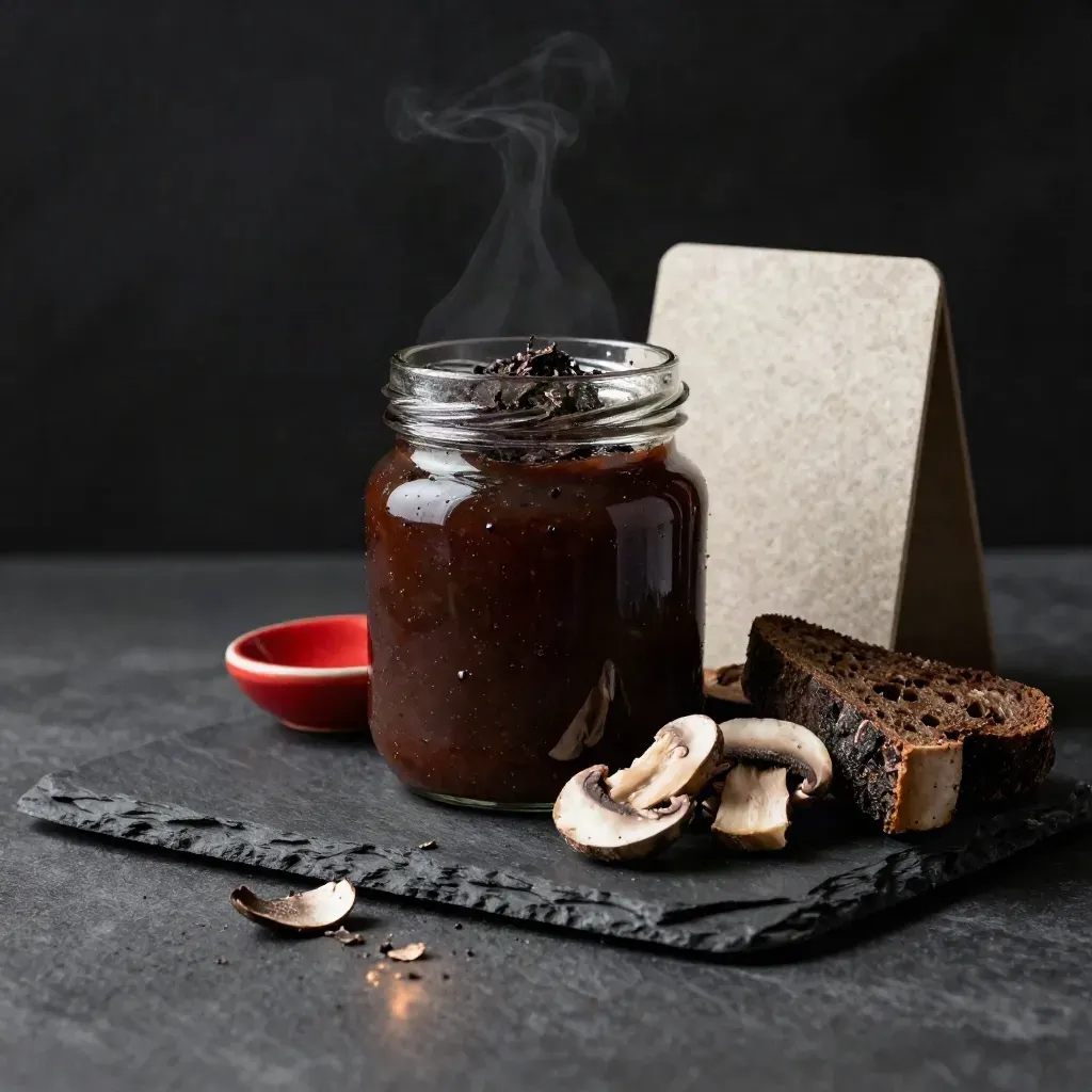 Vaso di salsa tartufata con tartufo, funghi e pane scuro su ardesia, in luce drammatica.