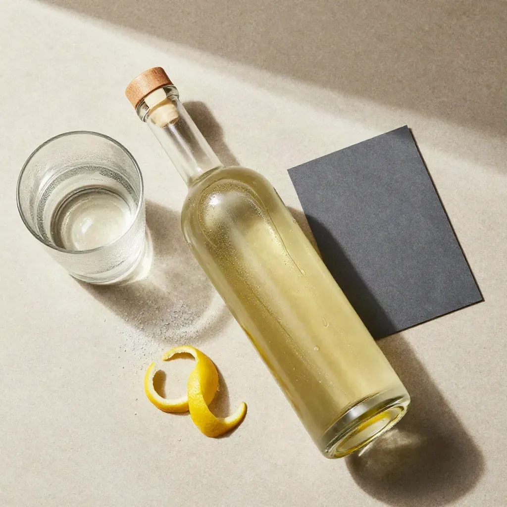 Bottiglia di limoncello con scorze di limone, zucchero e bicchiere freddo su pietra chiara