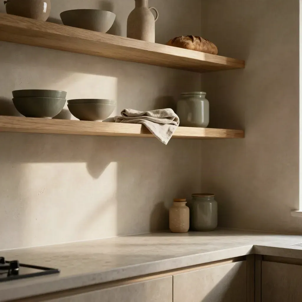 Angolo cucina italiano con ceramiche neutre, mensole in legno e pane sfocato in alto.