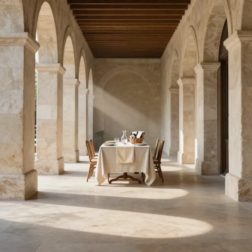 Portico in pietra con tavola lontana apparecchiata e luce estiva calda.