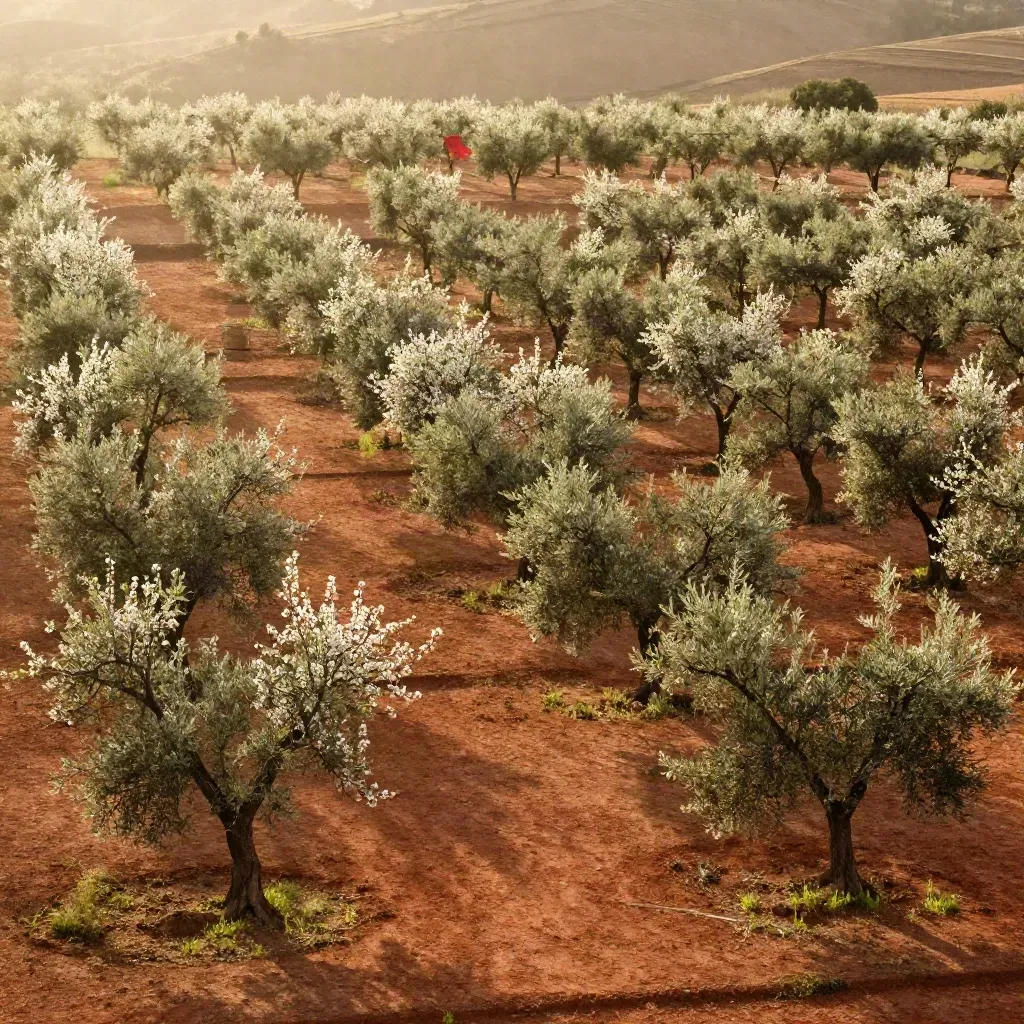 Mandorleti e uliveti al tramonto con cesto lontano e luce calda, atmosfera ariosa